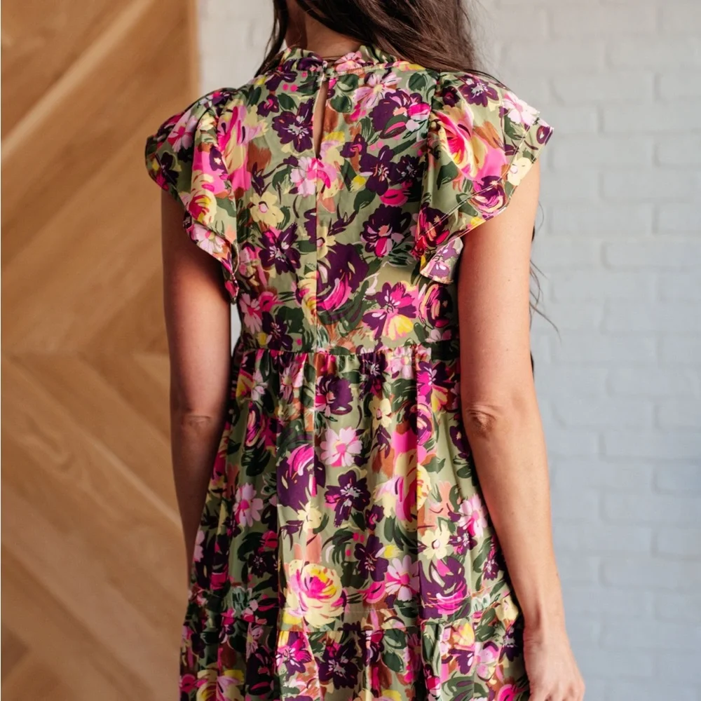 Floral Ruffle Sleeve Babydoll Dress Pink Green Mini - Picture 4 of 6